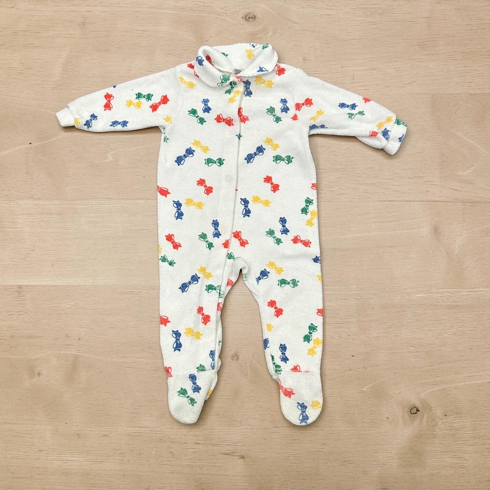 Vintage Carters Baby Footed Sleeper Bow Print Terry Cloth White 3-6 Mo 12-17 lbs